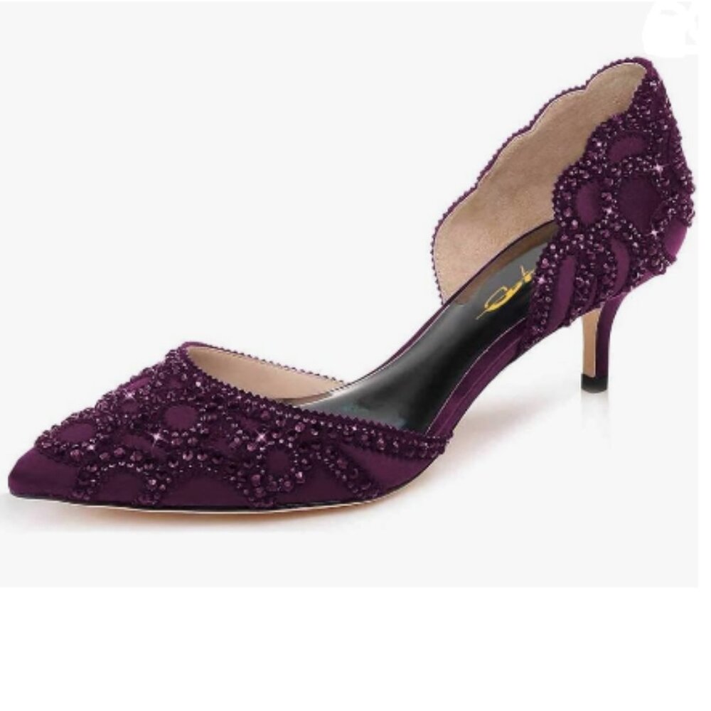 XYD Purple Pointed Toe D'Orsay Kitten Heel Rhinestone Studs Slip-On Satin Shoes